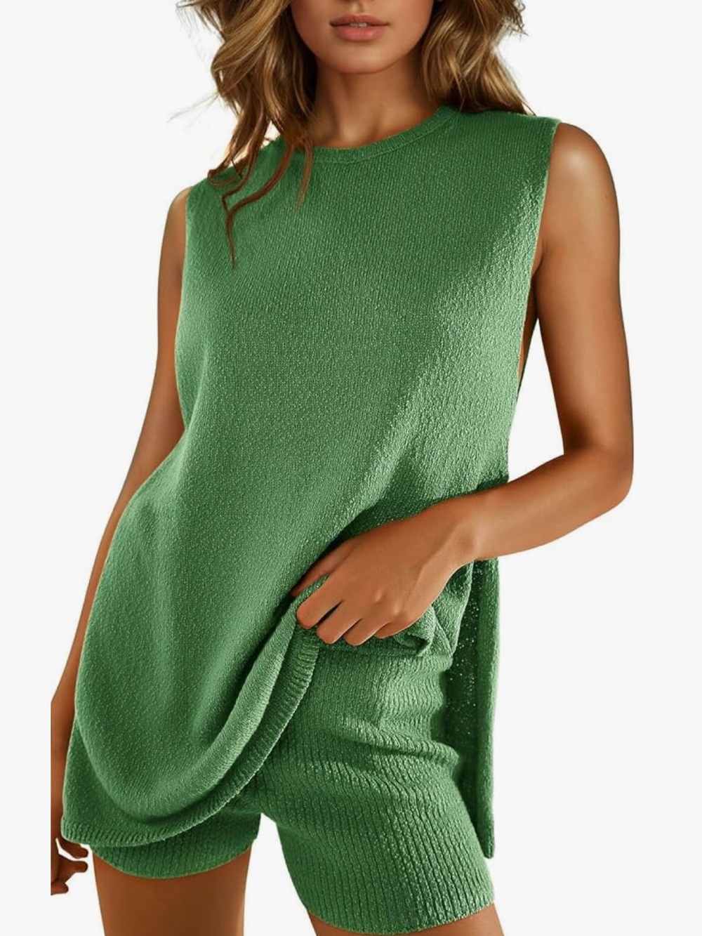 Sleeveless Green Knit Tank and Shorts Set